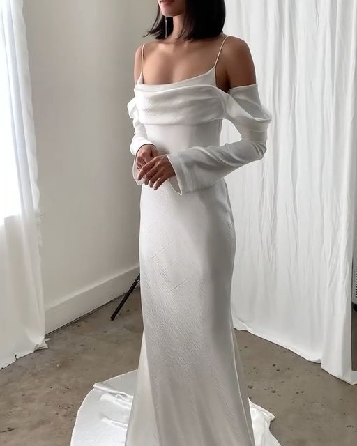 Sexy Backless Mermaid Wedding Dresses Women Spaghetti Straps Long Sleeves Dress fg6675