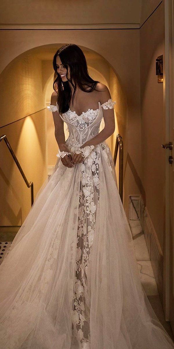 Off-the-Shoulder sweetheart applique lace long sleeves long wedding dress - FashionDia