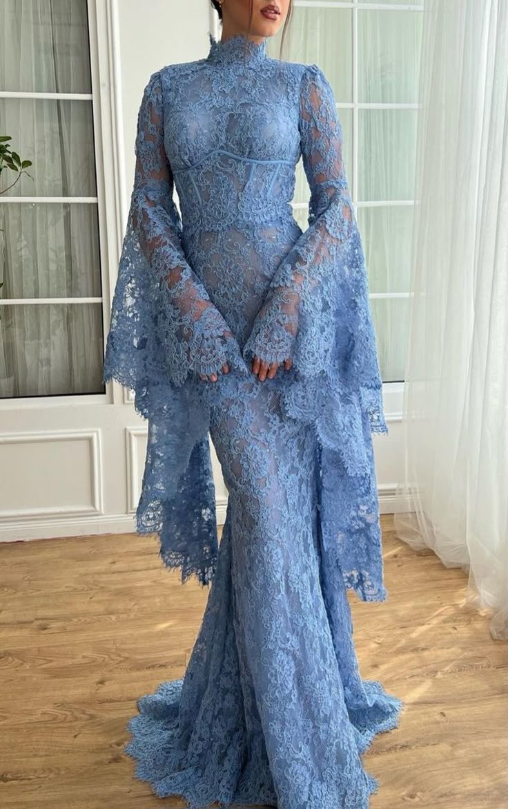 High Neck Mermaid Evening Dress for Women Flare Sleeves Blue Lace Long Prom Dresses