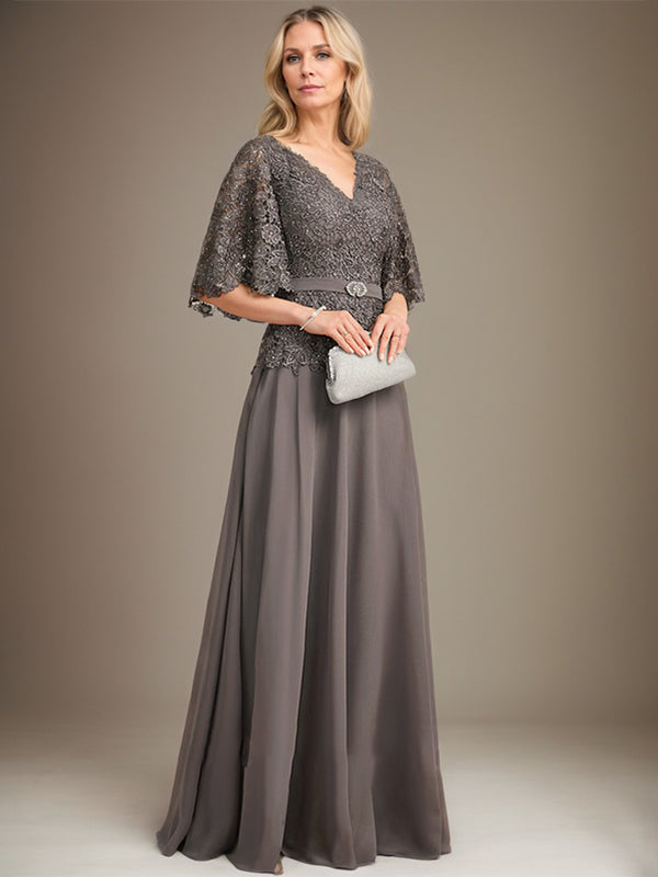 A-line V-Neck Floor-Length Chiffon Lace Mother of the Bride Dress With Crystal Brooch Rhinestone - View 2 | FashionDia