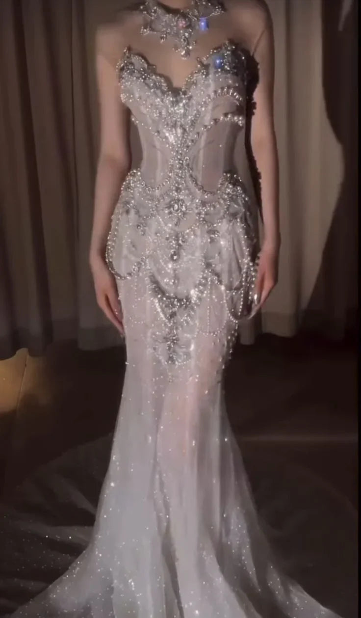 Elegant Silver-White Mermaid Sweetheart Neckline Pearl-Beaded Tulle Train Prom & Evening Dress - View 2 | FashionDia
