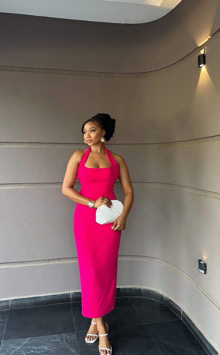 Hot Pink Women's Sleeveless Ankle Length Dress Halter Evening Gown - FashionDia