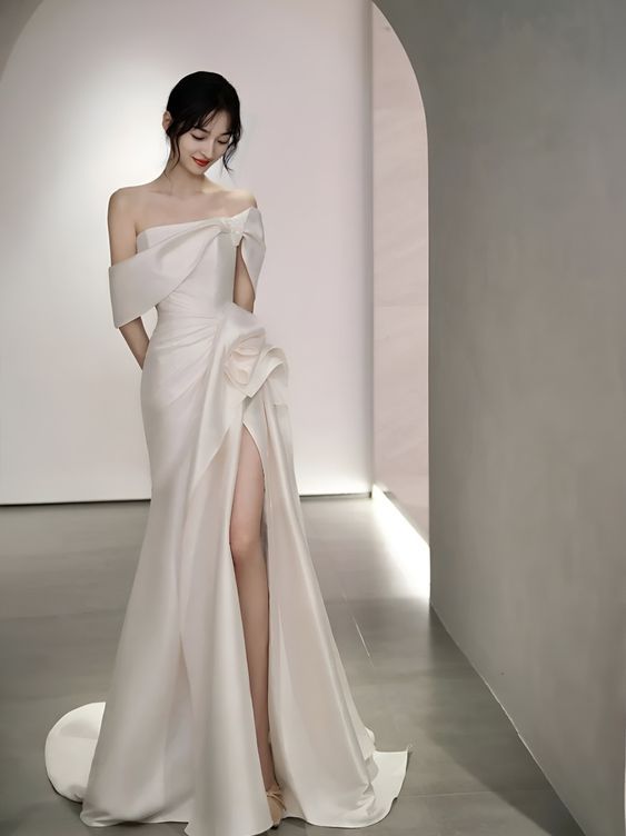 Off-The-Shoulder Satin High Split Twist Front Train Dresses For Wedding - FashionDia