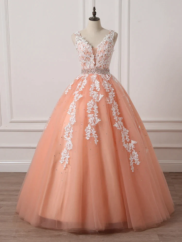 Charming Coral Princess V-Neckline Formal Dress, Lace Applique Beaded Prom Dress - FashionDia