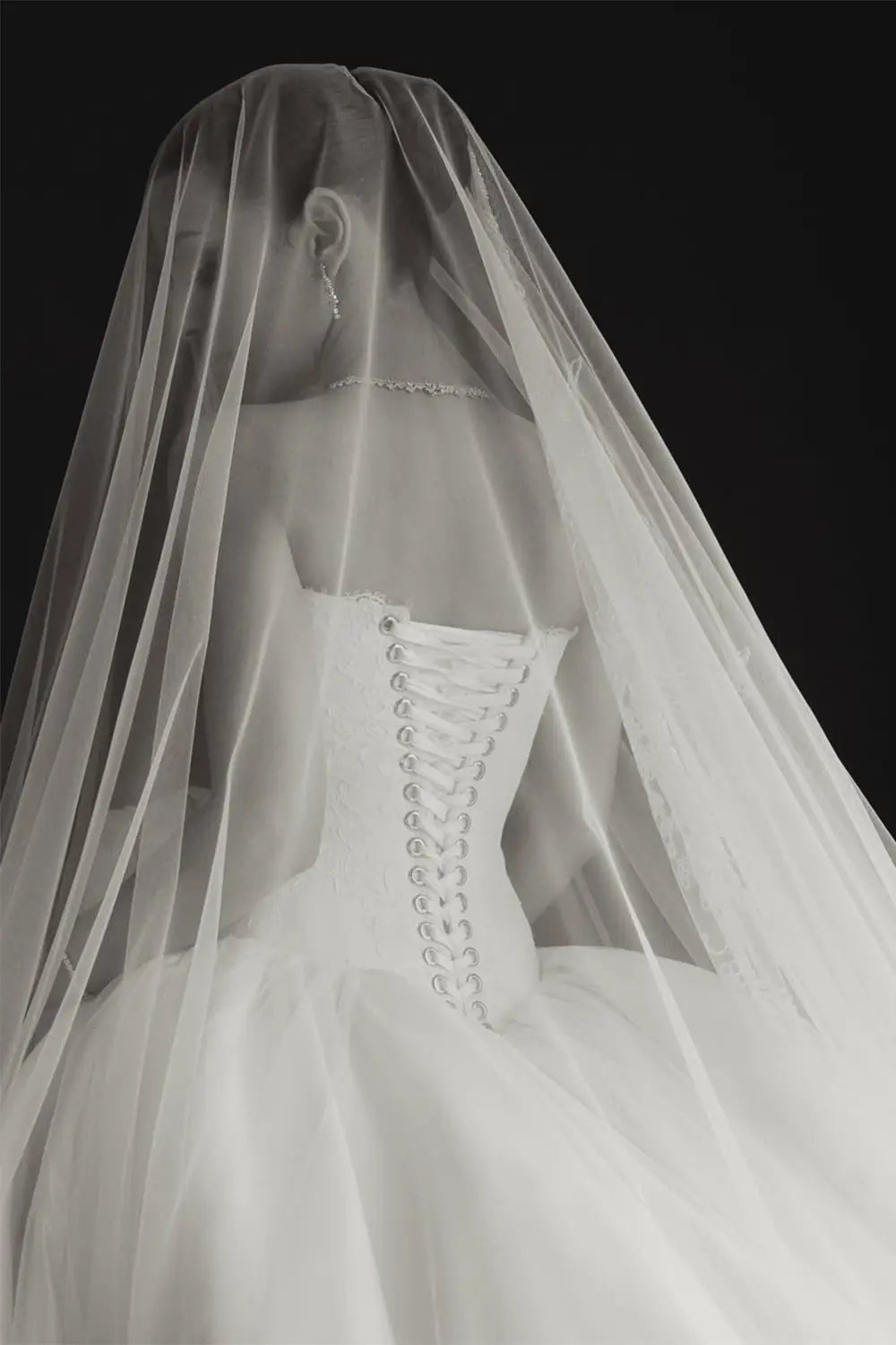 White Satin Tulle Ball Gown Bridal Dress with Embroidered Lace Bodice ZP207 - View 3 | VelvetHem
