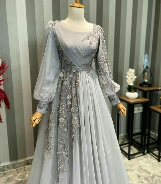 Elegant Muslim Evening Dress Long Sleeves Appliques Special Occasion Party Dress - FashionDia