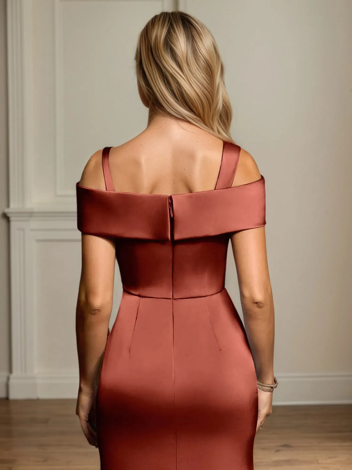 Trumpet/Mermaid Off-the-Shoulder Floor-Length Ruched Satin Mother Of the Bride Dress - View 7 | FashionDia