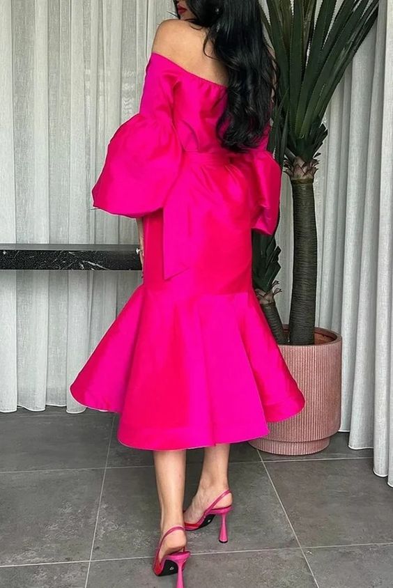 Hot Pink Halter Prom Belt Puff Sleeve Midi Party Dress Elegant Dubai Evening Dresses - View 3 | FashionDia