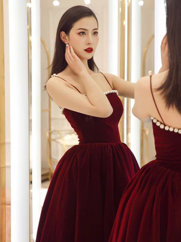 Spaghetti strap evening dress,red party dress,velvet prom dress fg6232