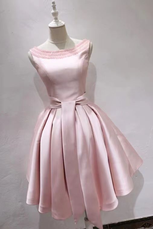 O-neck Homcoming Dress, Satin Sleeveless Dress With Beads fg6389