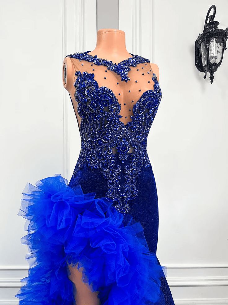 Royal Blue Mermaid Prom Dress Ruffled Evening Dresses with Slit - View 4 | VelvetHem