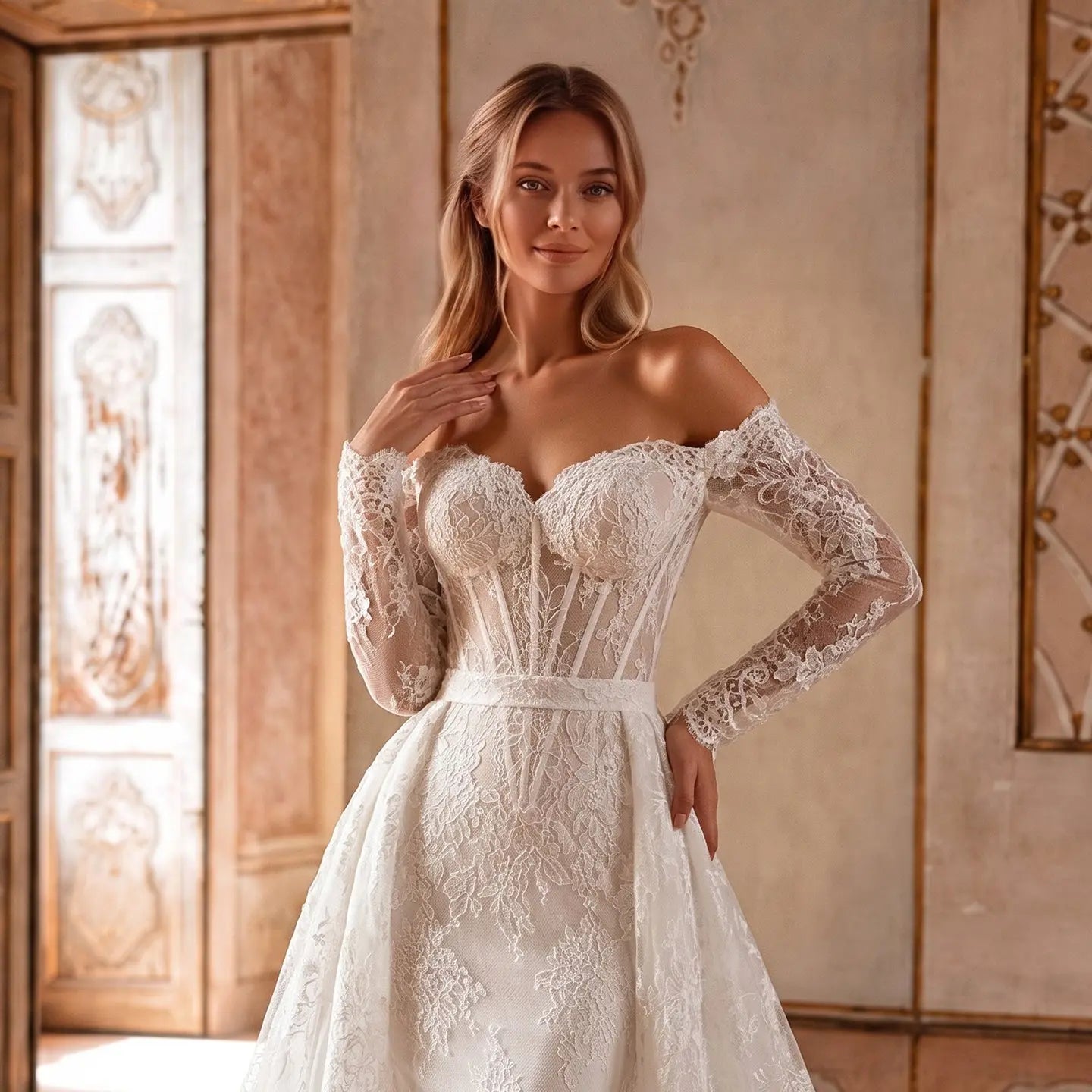 White Lace Mermaid Wedding Dress Off the Shoulder with Detachable Train and Long Sleeves ZP014