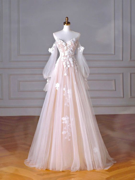 Champagne Tulle Lace Sweetheart Neck Long Formal Dress, A-Line Puff Sleeves Party Dress - FashionDia