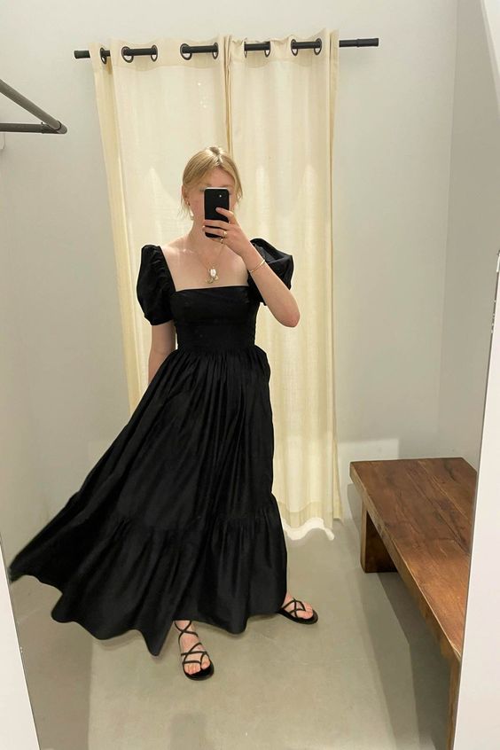 Women Square Neck Puff Sleeve Casual Midi Dress Summer Beach Prom Evening Party Dress