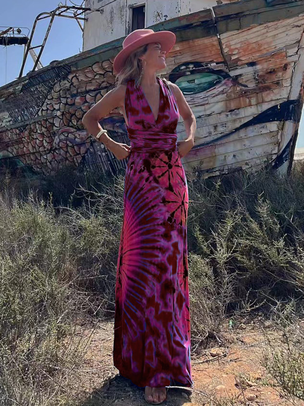 Tie dye Print V neck Cross Back Straps Stretch Maxi Dress