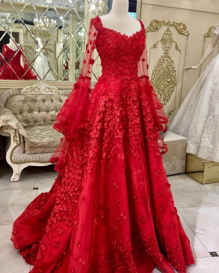 Red Long Lace Tulle Prom Dresses, Long Wedding Dresses - View 2 | FashionDia