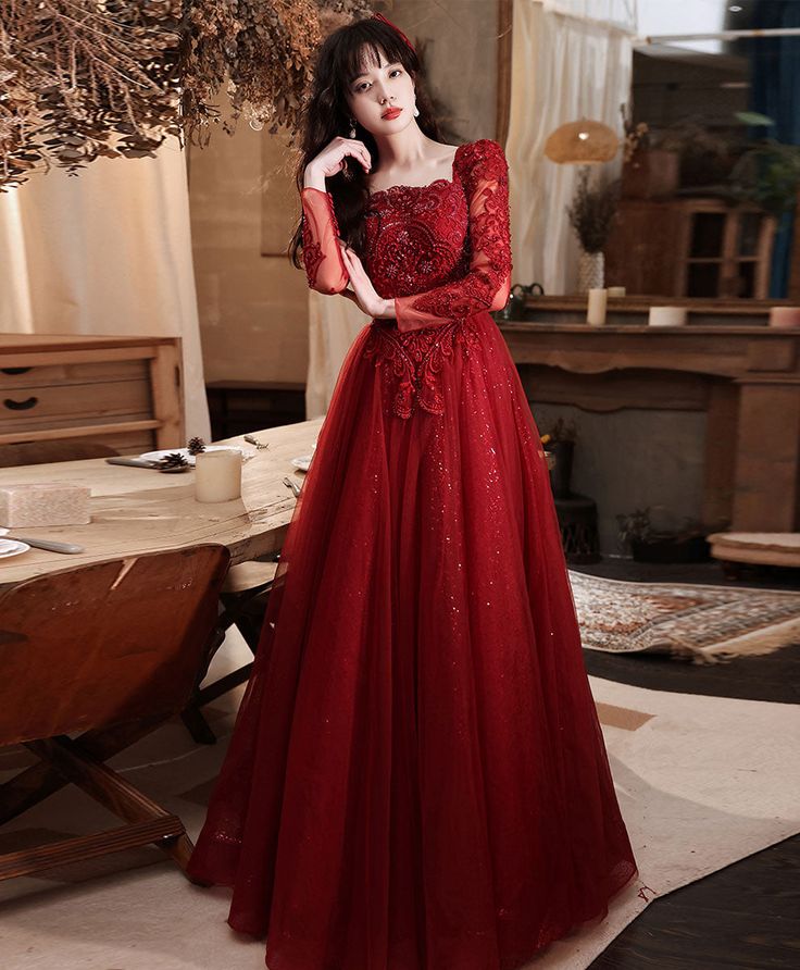 Burgundy Aline Lace Long Prom Dress, Burgundy Tulle Formal Graduation Dress - FashionDia