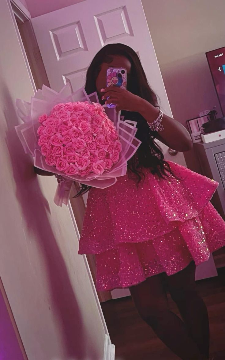 Pink V-Neck Homecoming Dress Short Birthday Party Dress - View 2 | FashionDia