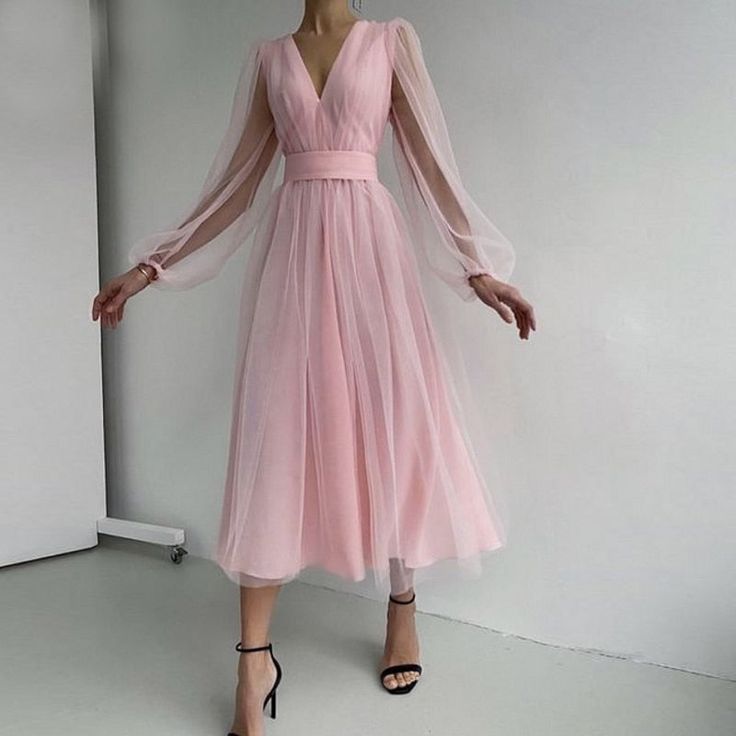 Graduation dress Short A-Line Prom Dresses V-Neck Long Puff Sleeve Tulle Formal Wedding Evening Party Dresses For Graduation - View 3 | FashionDia