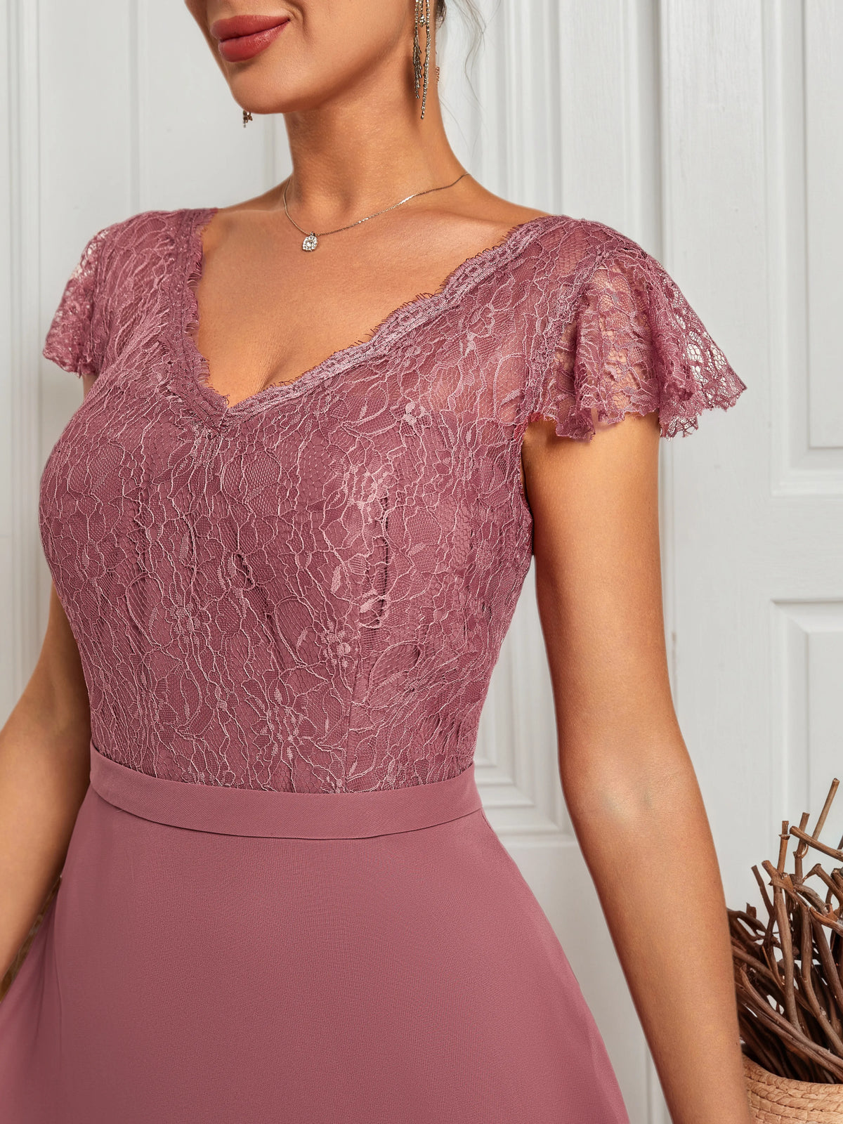 Watermelon Red Lace V-Neck Short Sleeve A-Line Maxi Dress - View 6 | FashionDia