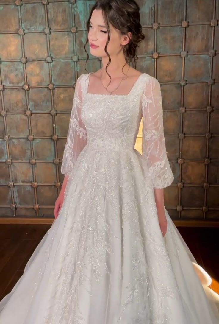 A Line White Square Neck Long Princess Wedding Dress