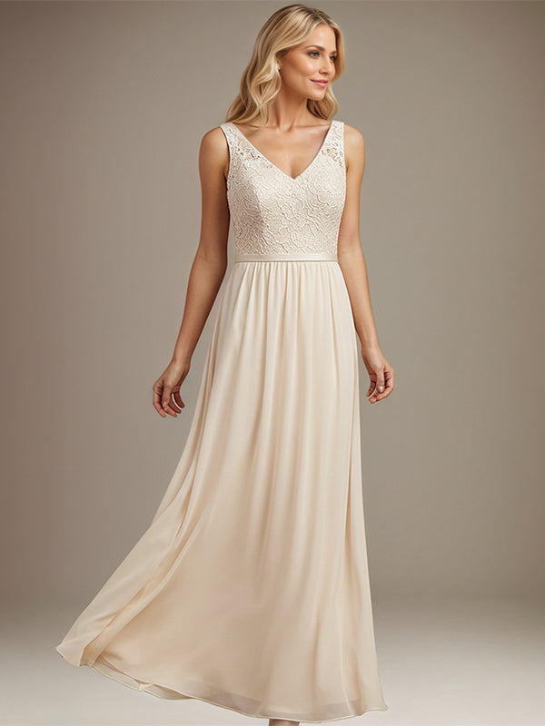 Dusty Blue A-Line V-Neck Floor-Length Lace Chiffon Mother of the Bride Dress - View 3 | FashionDia