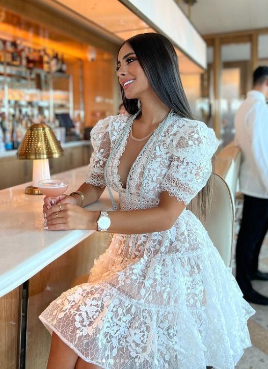 White Lace Birthday Outfit Short Evening Dress Cocktail Dresses Short Party Dress - View 2 | FashionDia