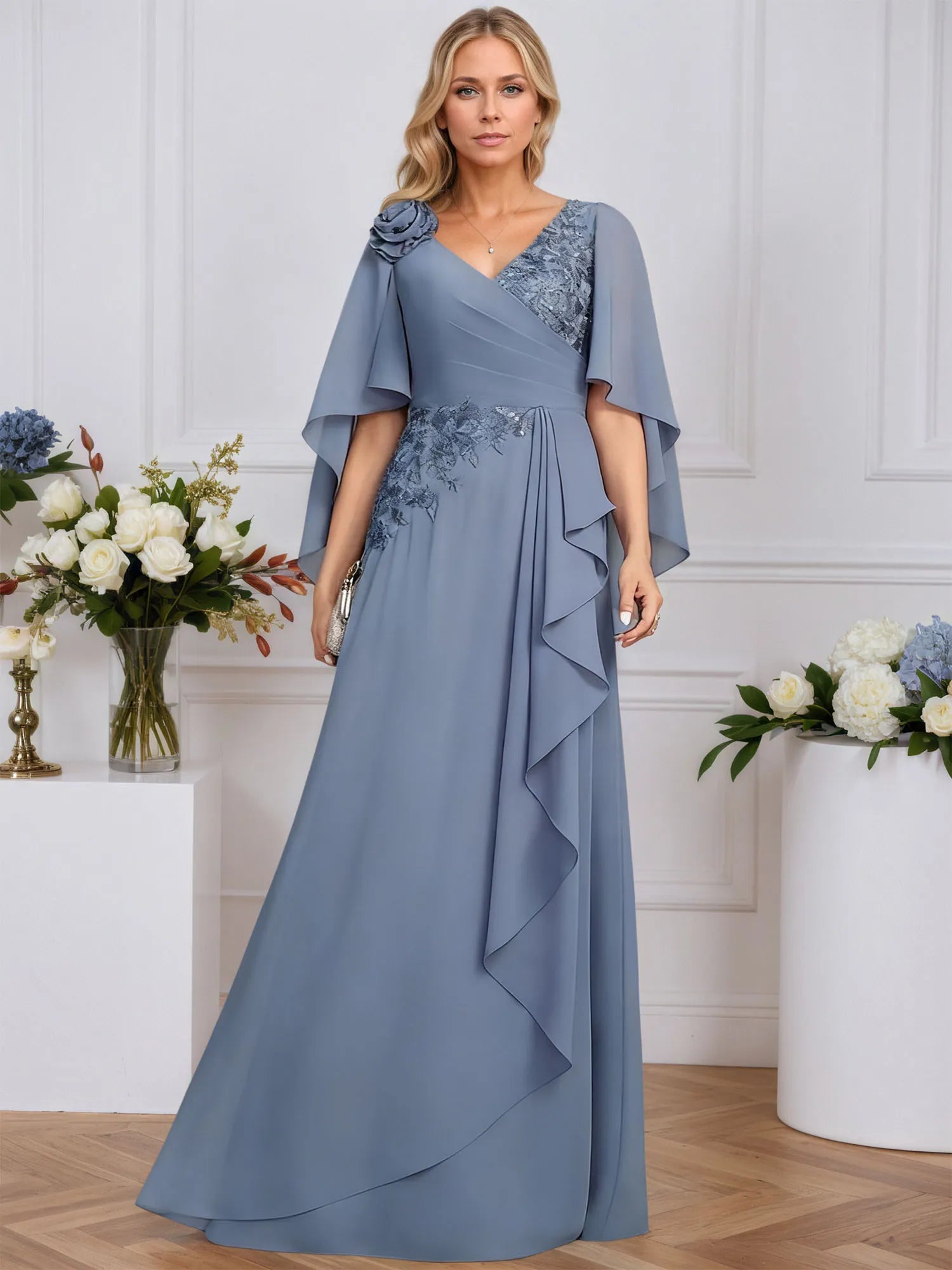 A-line V-Neck Floor-Length Lace Chiffon Mother of the Bride Dress With 3D Floral Sequins Cascading Ruffles - FashionDia