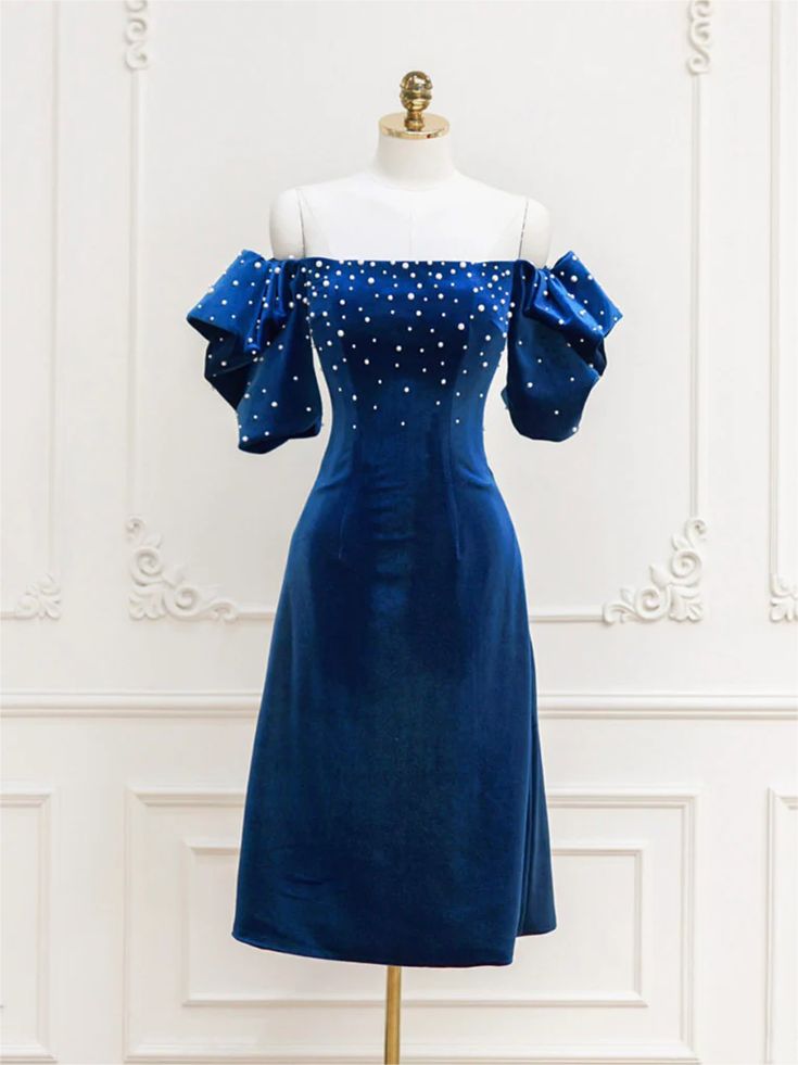 Homecoming Dresses,blue Velvet Beads Short Prom Dress, Blue Cocktail Dress - FashionDia