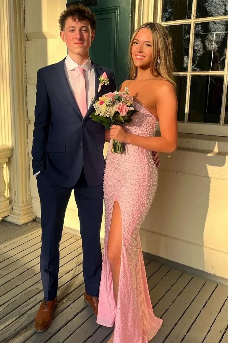Pink Strapless Beaded Scoop Side Slit Mermaid Long Prom Dress - FashionDia