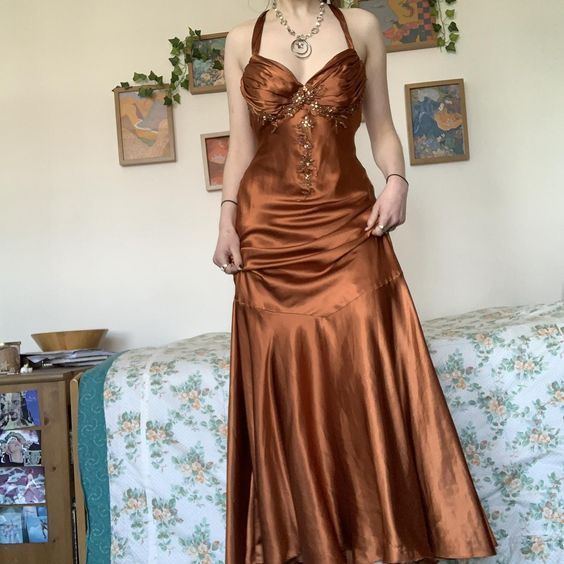 Halter A Line Satin Long Prom Dress Vintage Formal Party Dress