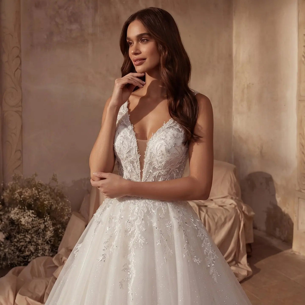 Dreamy White Glitter Tulle Wedding Dress with Lace Bodice and Corset Back ZP054
