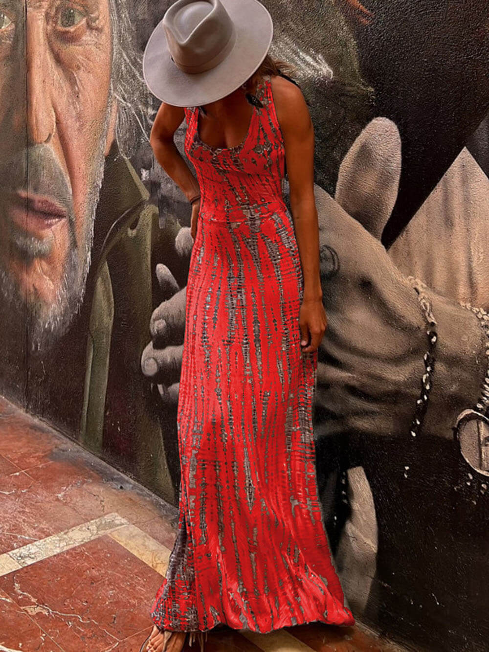 Tie - dye Print Back Lace - up Stretch Maxi Dress