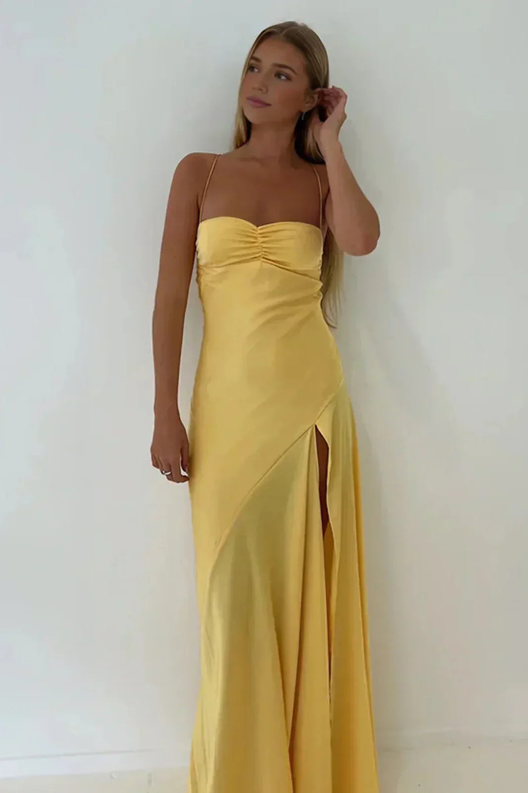Simple Sheath Spaghetti Straps Pink Long Party Dress with Split Front - View 9 | FashionDia