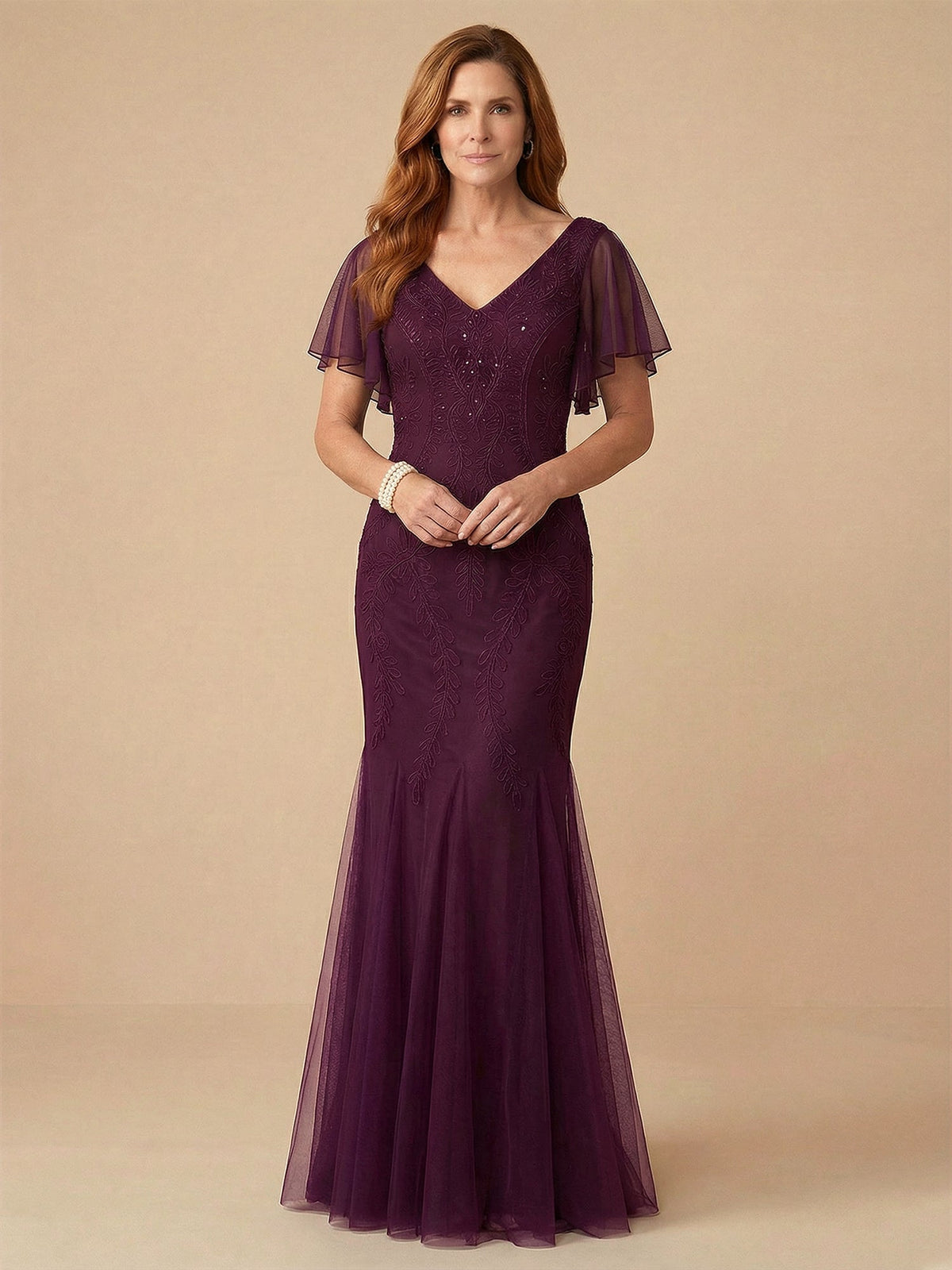 Trumpet/Mermaid V-Neck Floor-Length Mother of the Bride Dress With Cascading Ruffles - FashionDia