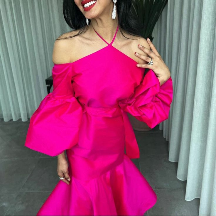 Hot Pink Halter Prom Belt Puff Sleeve Midi Party Dress Elegant Dubai Evening Dresses - View 4 | FashionDia