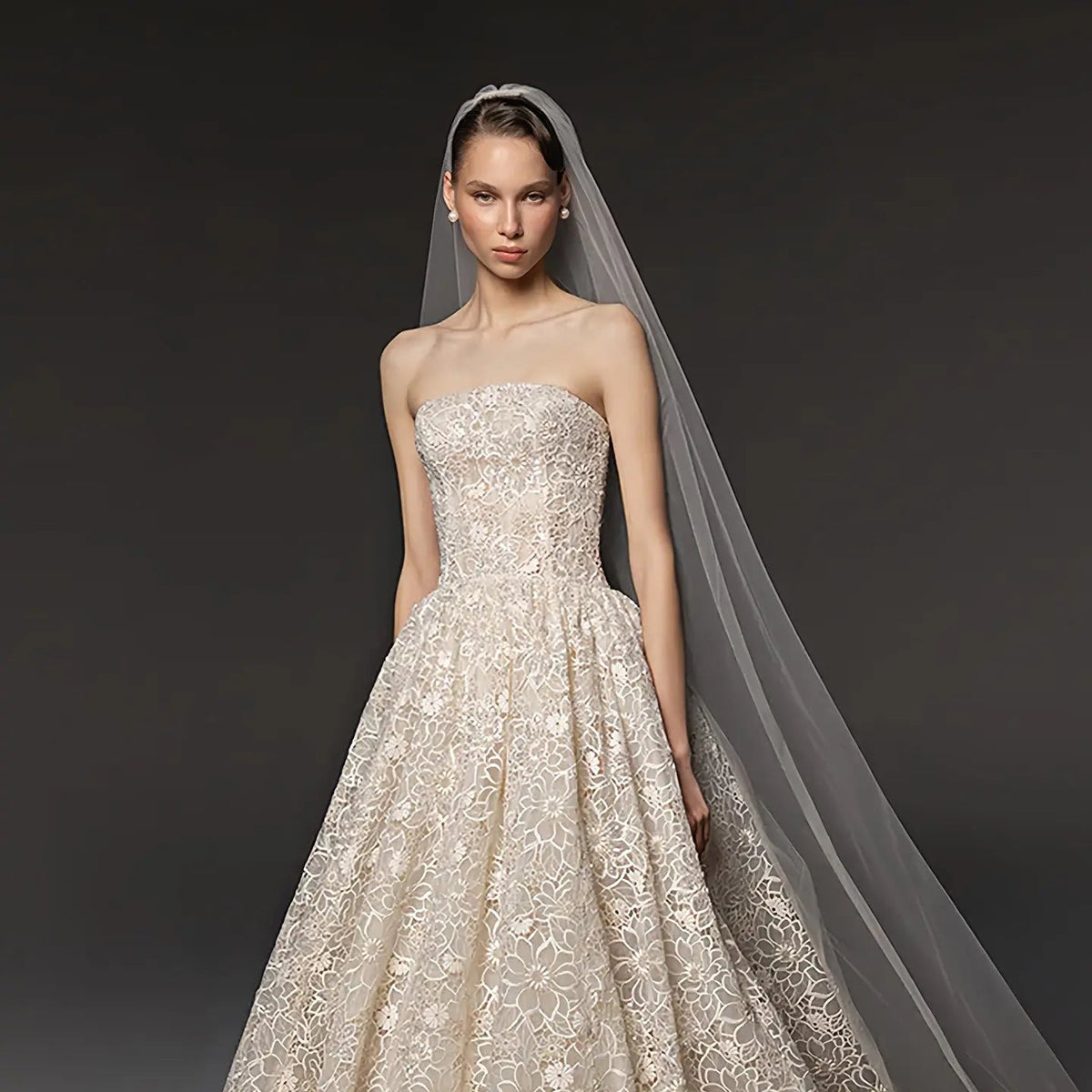 Regal Champagne Strapless Allover Lace Ball Gown Wedding Dress with Veil ZP081