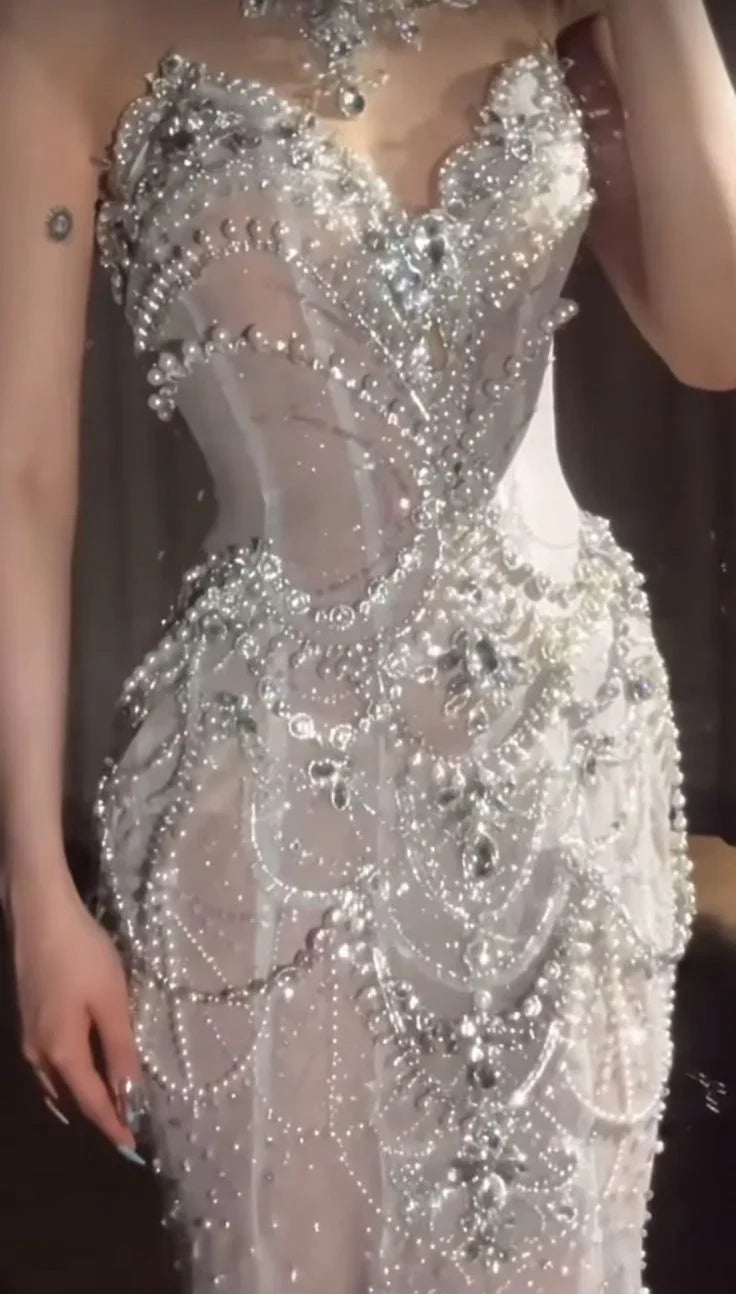 Elegant Silver-White Mermaid Sweetheart Neckline Pearl-Beaded Tulle Train Prom & Evening Dress - View 4 | FashionDia