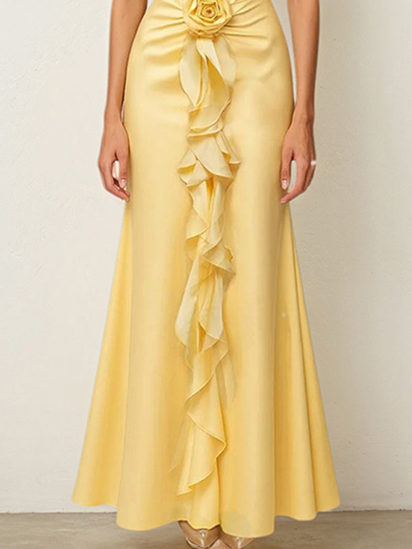Yellow Satin Cowl Neck Sleeveless Floor-Length Dress With Floral Ruffled - View 3 | FashionDia