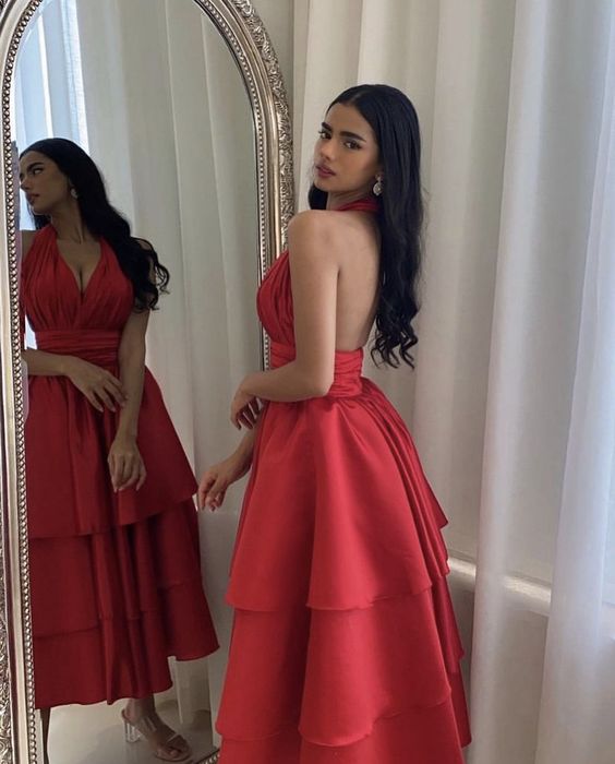 Elegant Short Satin Halter Evening Dresses Muslim Backless A-Line Red Dress Formal Dress Pleated Tea-Length Gowns - FashionDia