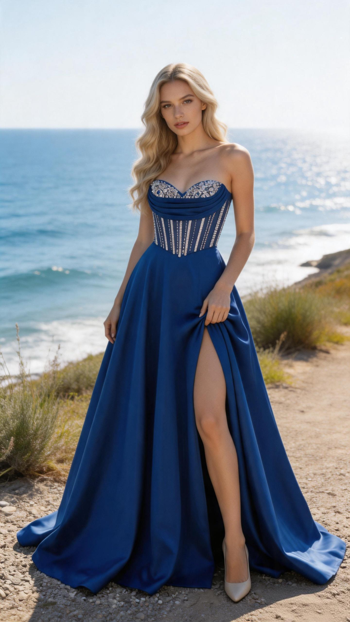 Royal Blue Strapless Corset Ball Gown Crystal Embellished Prom Dress with Slit (ZD16896)