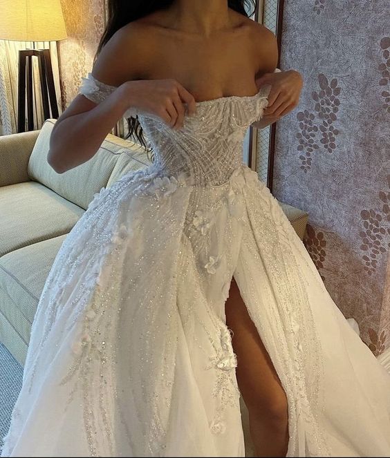 Off-the-Shoulder wedding dress with slit Bridal Dress - View 2 | FashionDia