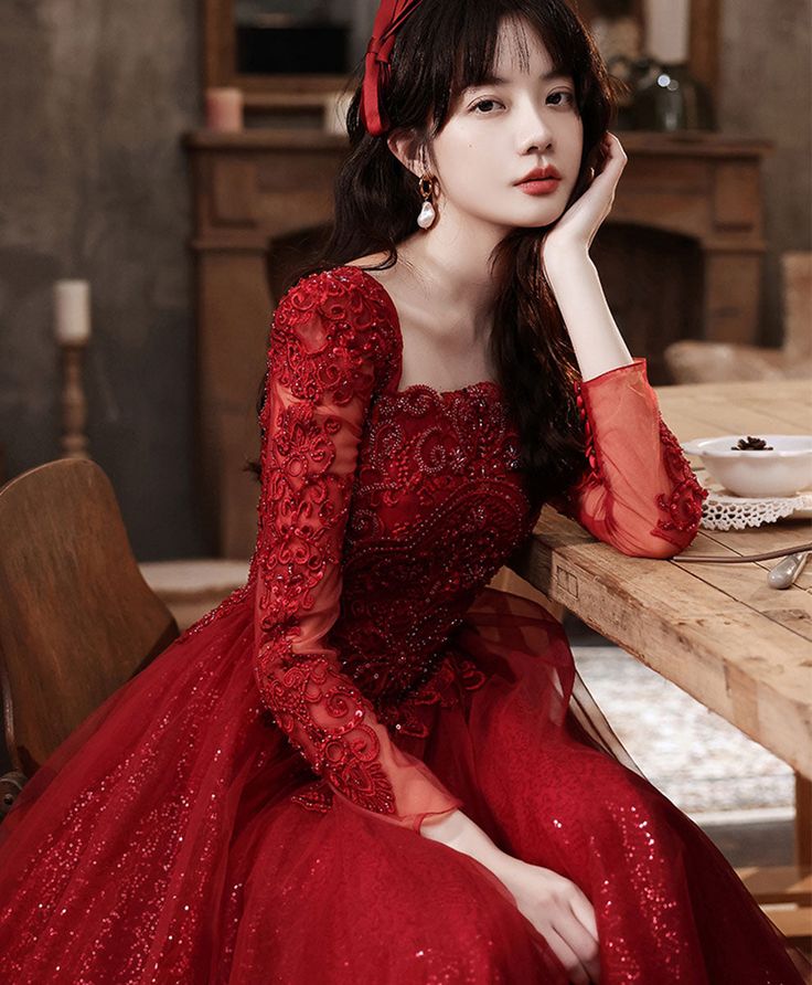 Burgundy Aline Lace Long Prom Dress, Burgundy Tulle Formal Graduation Dress - View 2 | FashionDia
