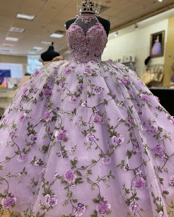 Purple A-line Ball Gown With Flowers,Purple Sweet 16 Dress - FashionDia
