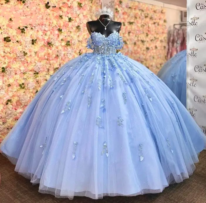Sparkly Sky Blue Quinceanera Dress Ball Gown Appliques Beading Sequins Sweet 15 16 Dress - FashionDia