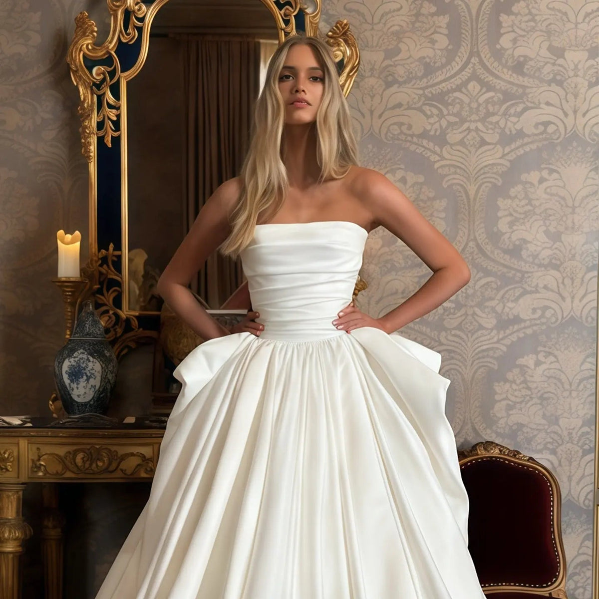 Luxury White Strapless Ruched Satin Ball Gown Wedding Dress ZP099