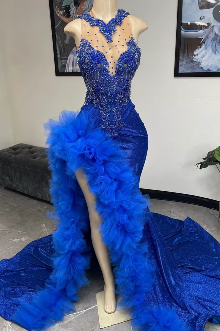 Royal Blue Mermaid Prom Dress Ruffled Evening Dresses with Slit