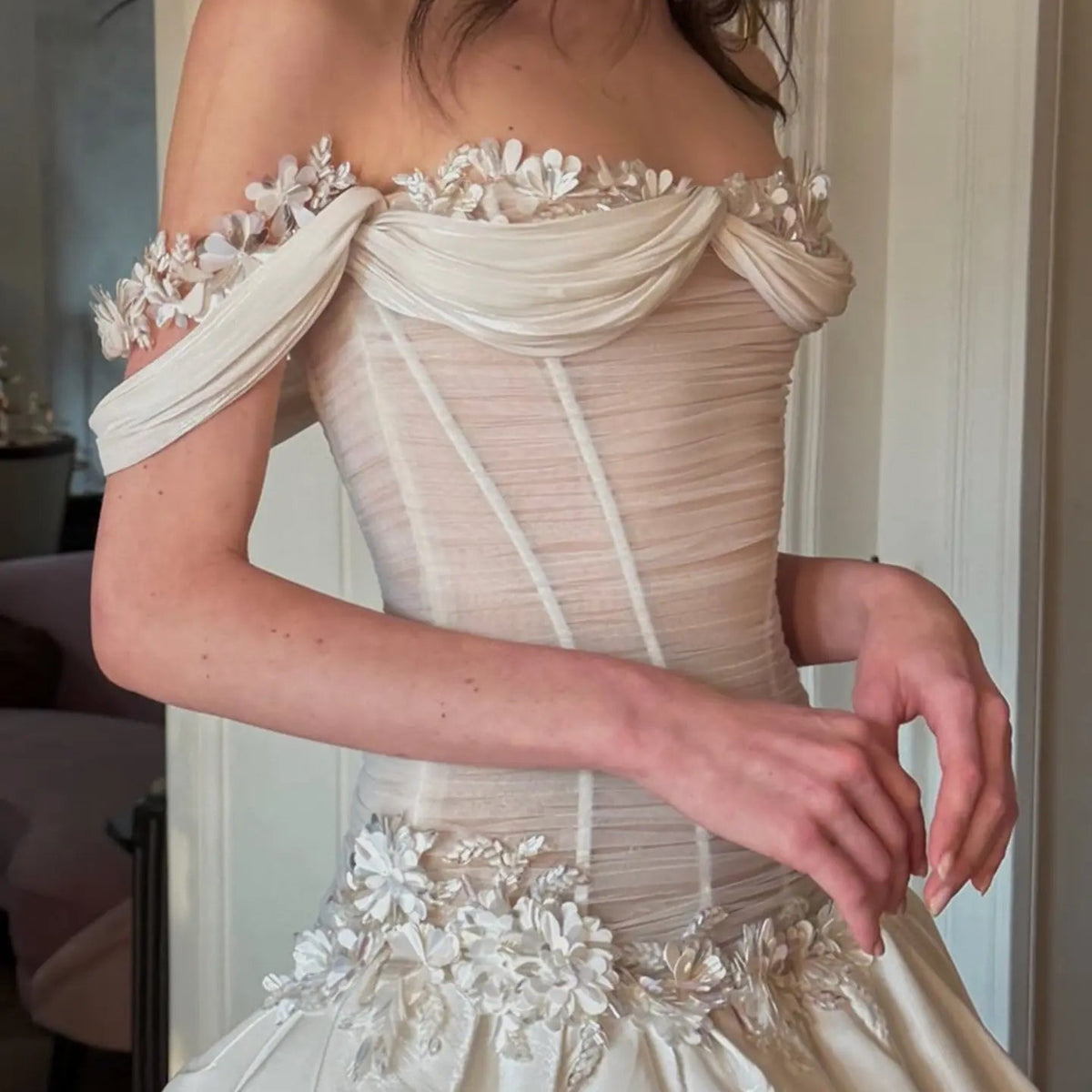 Elegant Ivory Off-the-Shoulder Floral Lace Ball Gown Wedding Dress ZP075