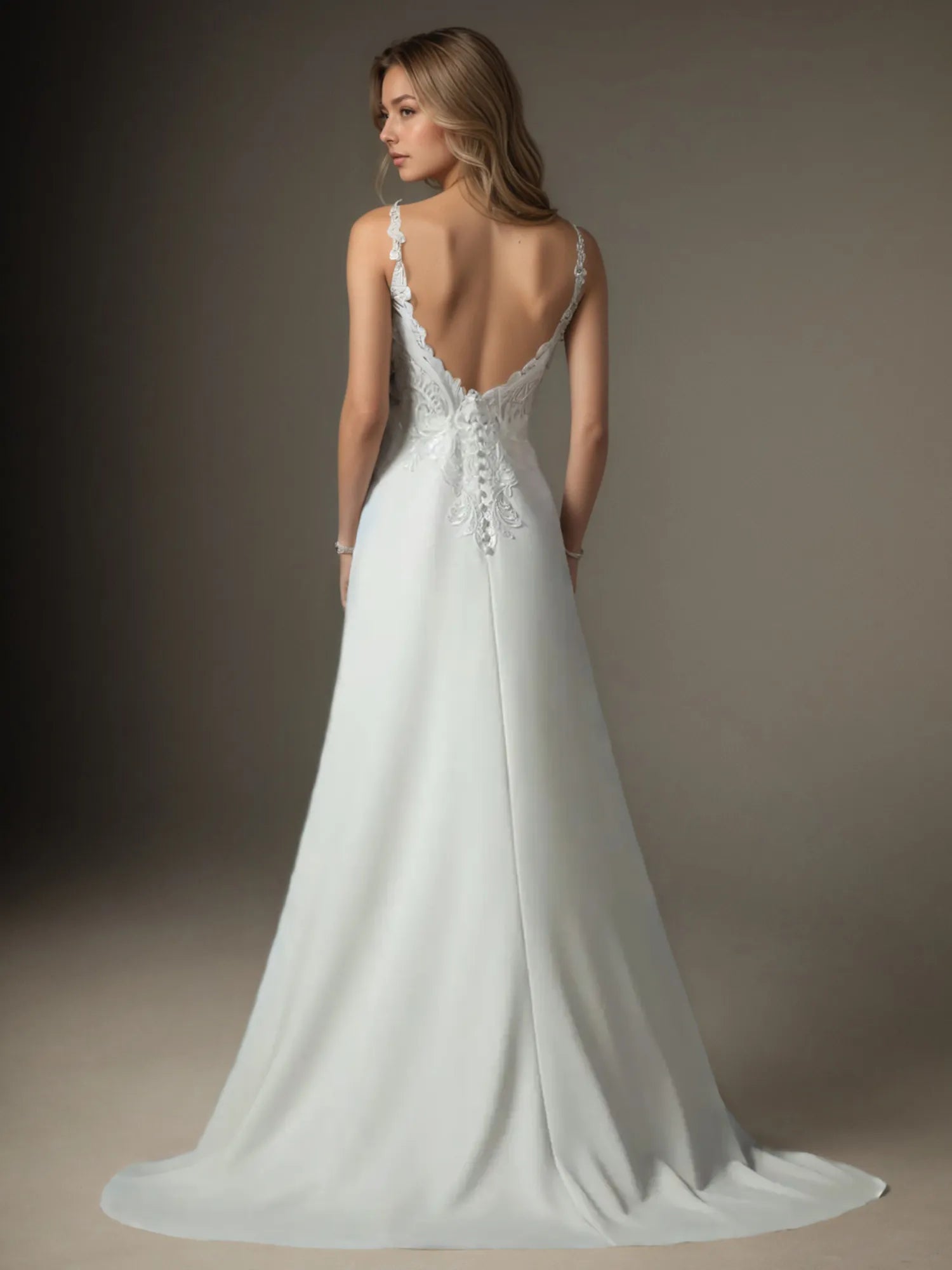 White A-Line V-Neck Sequins Stretch Crepe Stretch crepe Lace Wedding Dress
