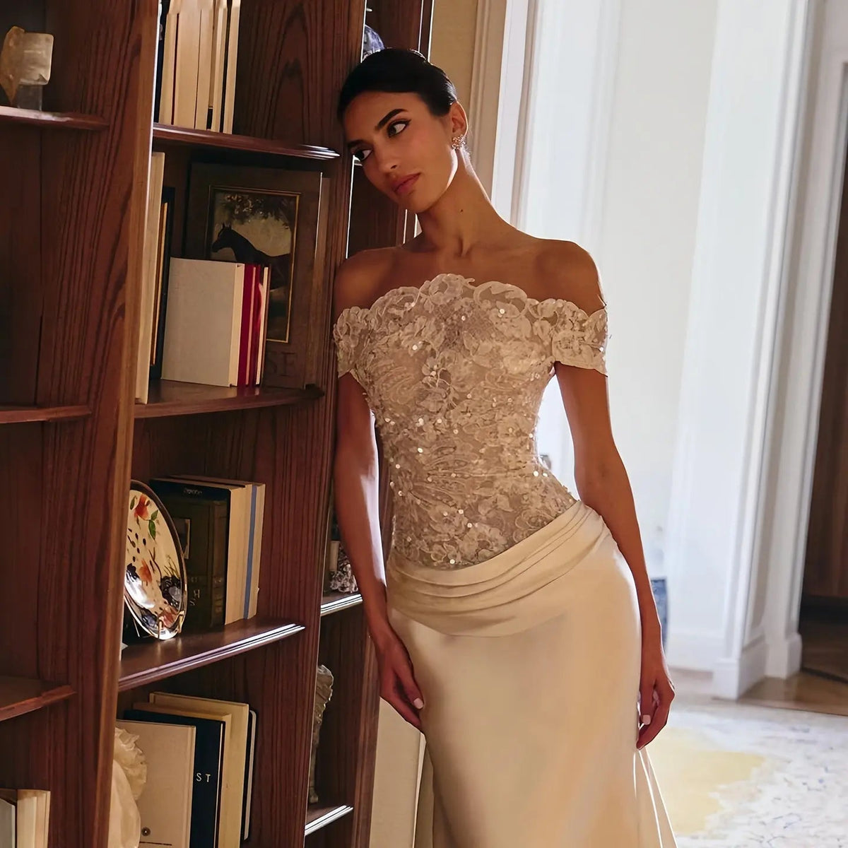 Luxury Ivory Off-the-Shoulder Lace and Satin Mermaid Wedding Dress with Veil ZP073